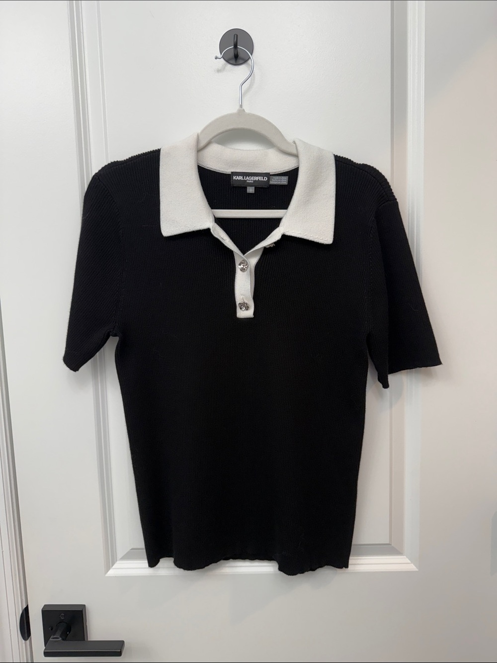 Karl Lagerfeld Black Polo with White Contrast Collar and flower buttons